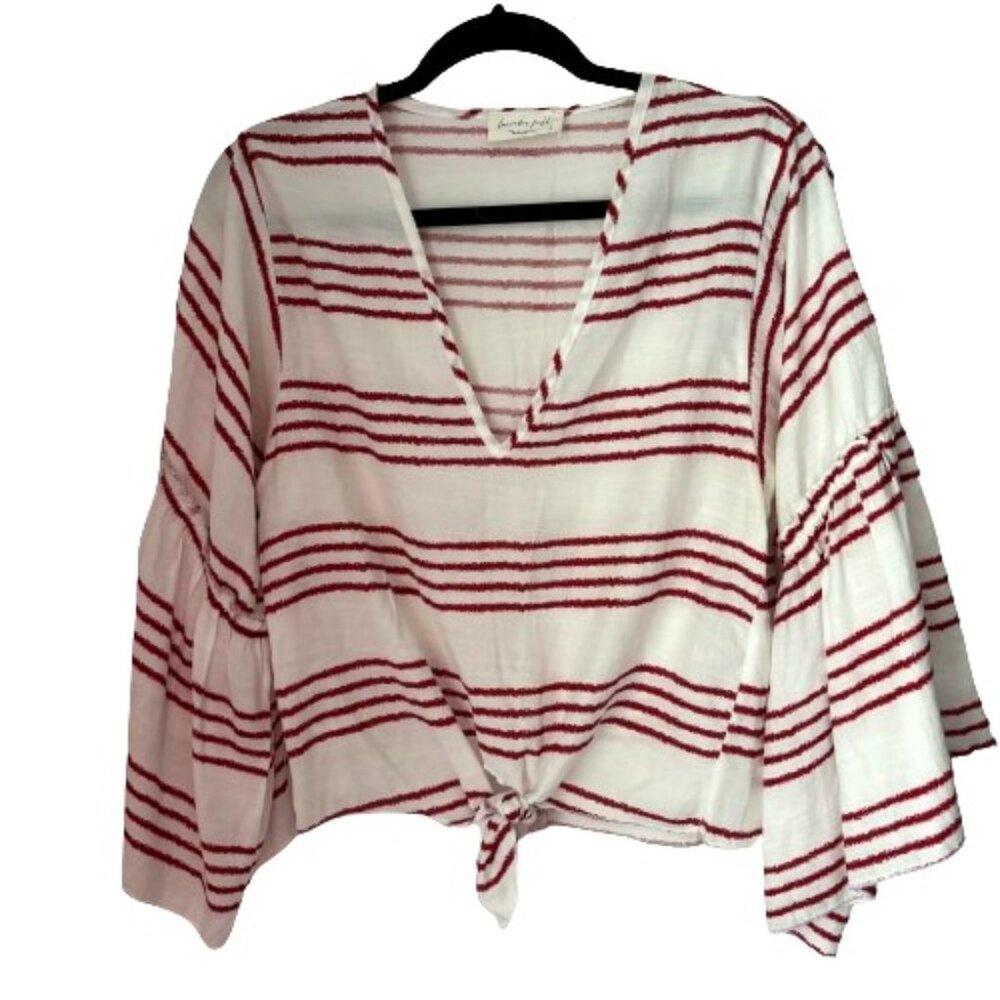 Lavender Field Peppermint Strip Bell Sleeve V Neck Front Knot Blouse Ladies Sm.